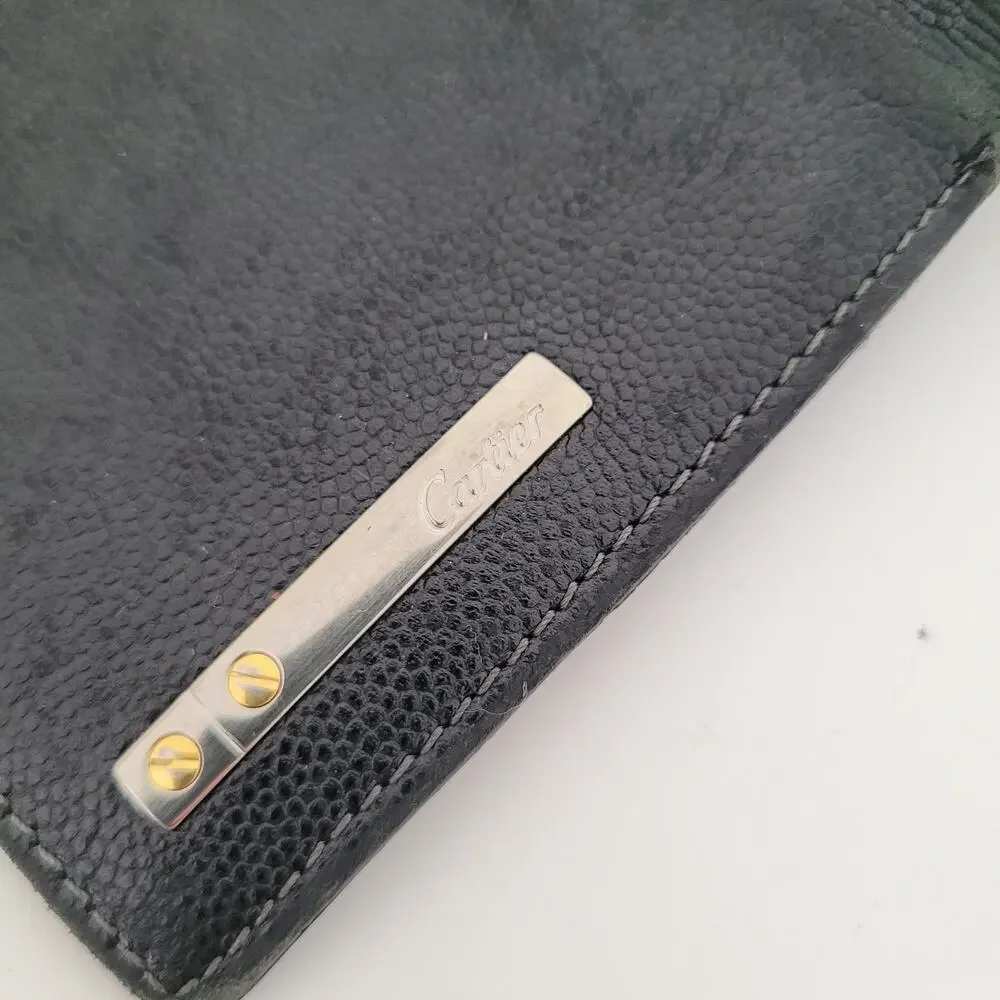 Cartier Santos Bifold Card Holder Checkbook Black Wallet Long Grain Leather